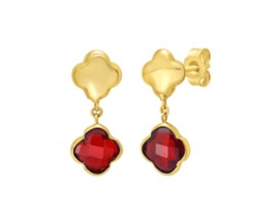 Polished 14k yellow gold clover stud earrings with deep red checkerboard-cut garnet clover drops suspended below